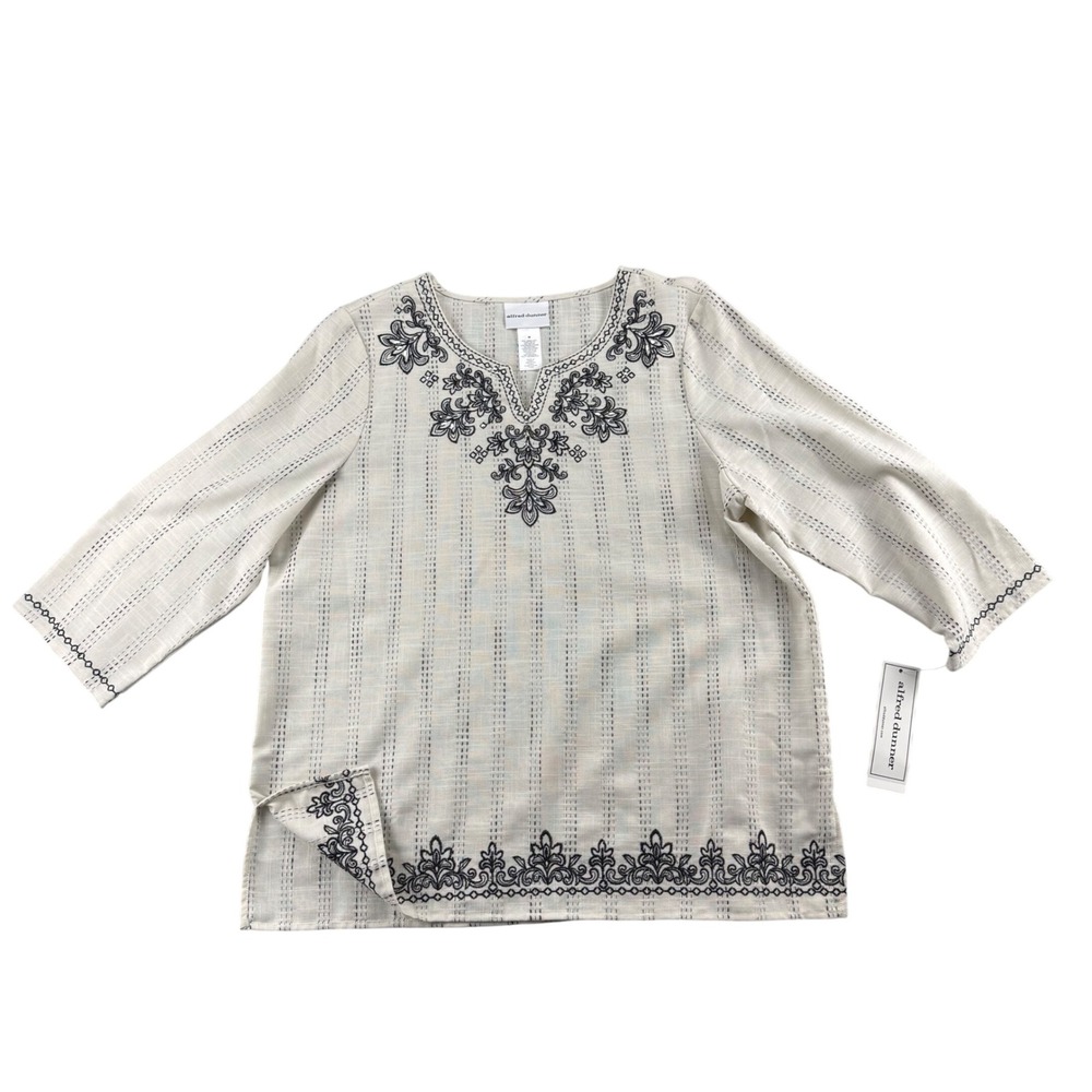 Alfred Dunner Natural Instinct Embroidered Linen Blend Top Ivory Black Medium